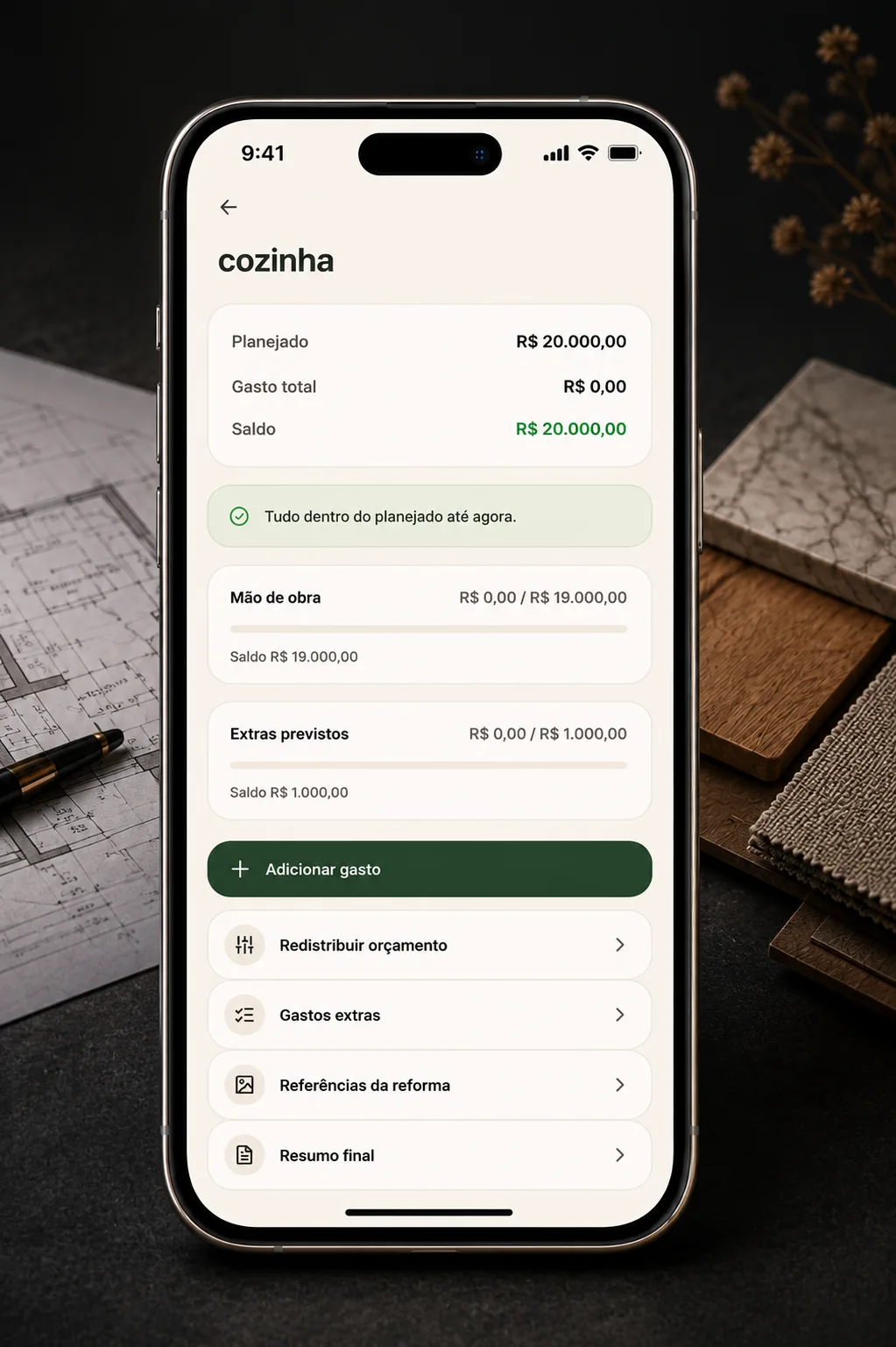 Interface do app: orçamento, saldo restante e categorias
